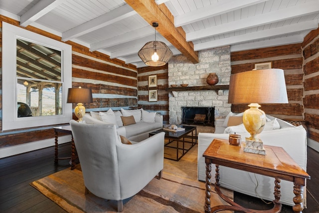 living room featuring beam ceiling, a fireplace, hardwood / wood-style flooring, and wooden walls