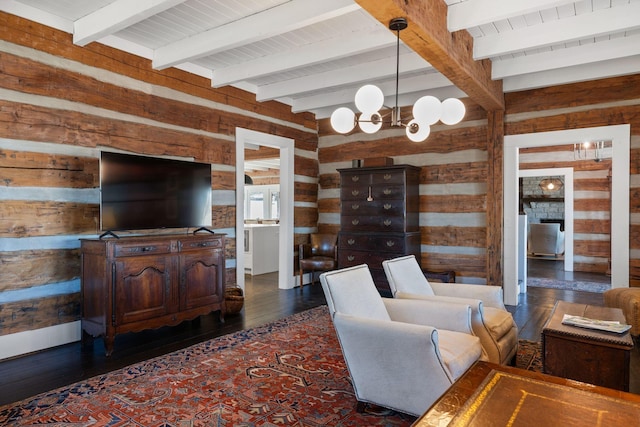 living room with dark hardwood / wood-style flooring, beam ceiling, a chandelier, and wood walls