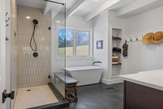 bathroom with vanity, beam ceiling, wooden ceiling, and independent shower and bath