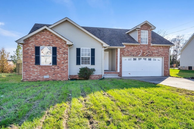 view of front of property with a garage and a front lawn