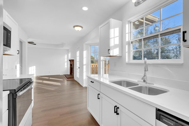 kitchen with a fireplace, white cabinetry, sink, dark hardwood / wood-style flooring, and stainless steel appliances