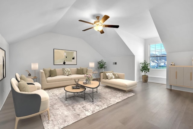 living room featuring ceiling fan, dark hardwood / wood-style flooring, and vaulted ceiling