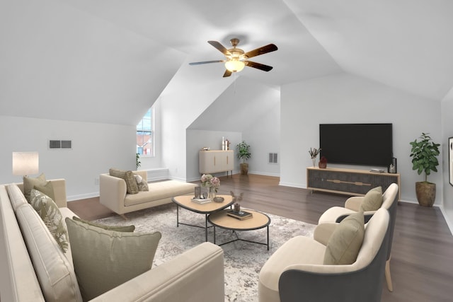 living room featuring ceiling fan, lofted ceiling, and dark hardwood / wood-style flooring