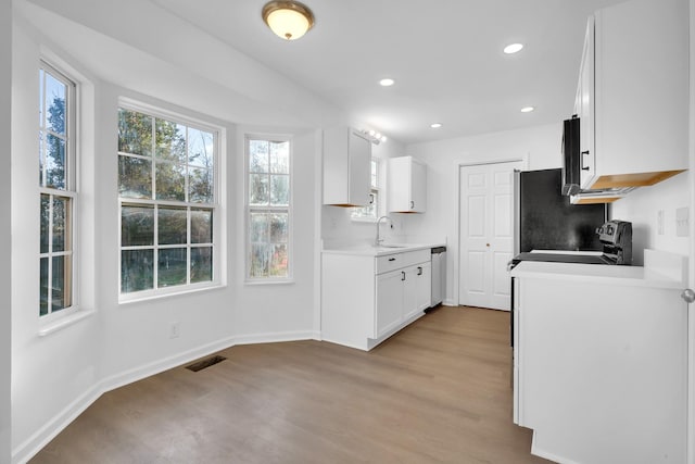 kitchen with white cabinetry, sink, light hardwood / wood-style flooring, and stainless steel dishwasher