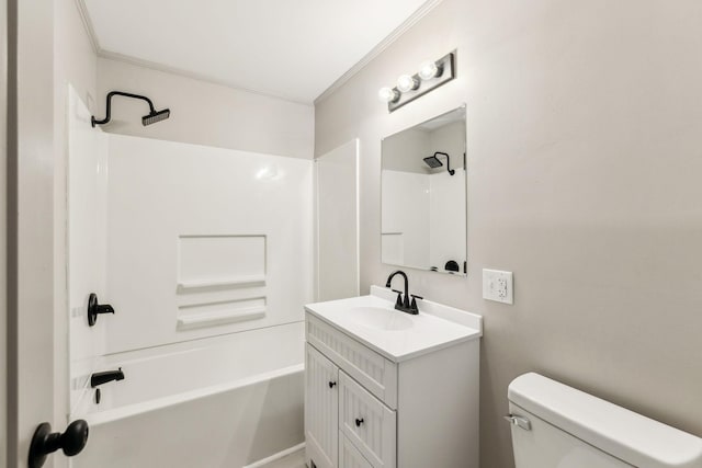 full bathroom with vanity, tub / shower combination, crown molding, and toilet