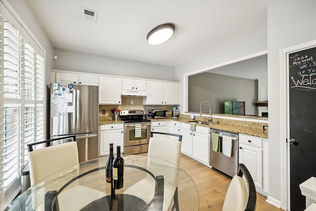 kitchen with stainless steel appliances, stone countertops, sink, and white cabinets