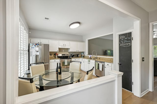 kitchen with stainless steel appliances, white cabinetry, sink, and a wealth of natural light