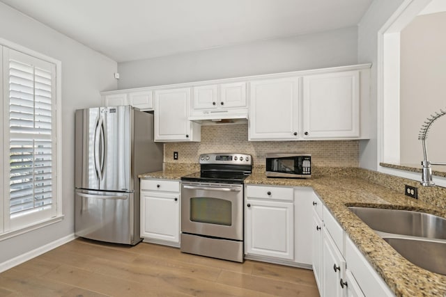 kitchen with under cabinet range hood, stainless steel appliances, light wood-type flooring, and a sink