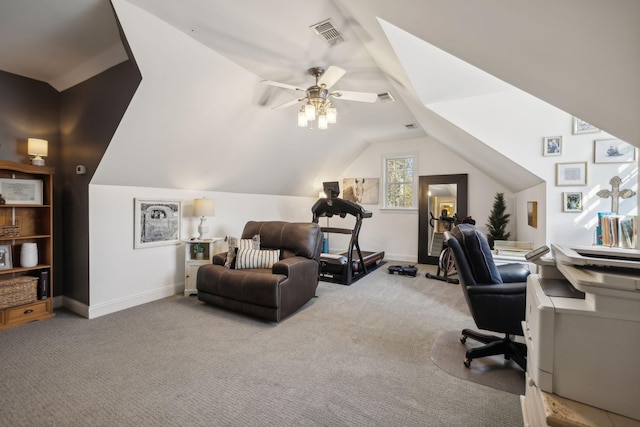 carpeted office with vaulted ceiling and ceiling fan