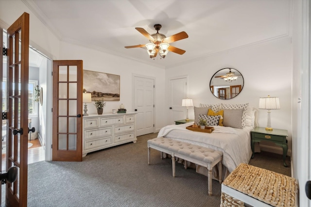 carpeted bedroom featuring crown molding and french doors