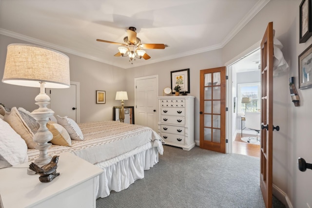 bedroom with dark carpet, crown molding, french doors, and ceiling fan