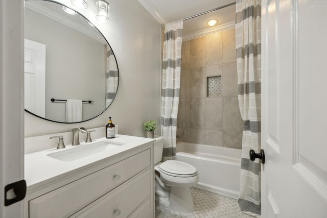 full bathroom with shower / tub combo, vanity, ornamental molding, and toilet