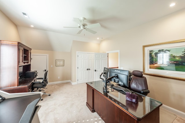 office with light carpet, lofted ceiling, and ceiling fan