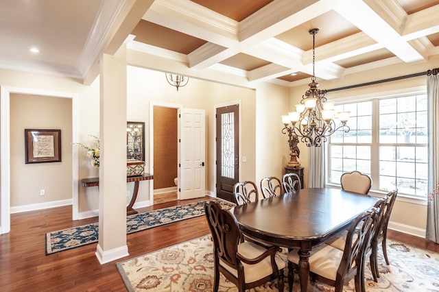 dining area with beamed ceiling, coffered ceiling, a notable chandelier, and dark hardwood / wood-style flooring