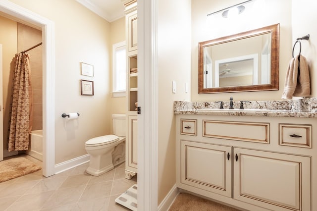 full bathroom with crown molding, vanity, tile patterned floors, toilet, and shower / bath combo with shower curtain