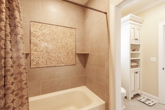 bathroom with shower / bathtub combination with curtain, ornamental molding, tile patterned floors, and toilet