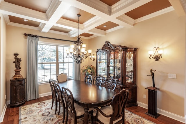 dining space featuring coffered ceiling, dark wood-type flooring, ornamental molding, and beamed ceiling