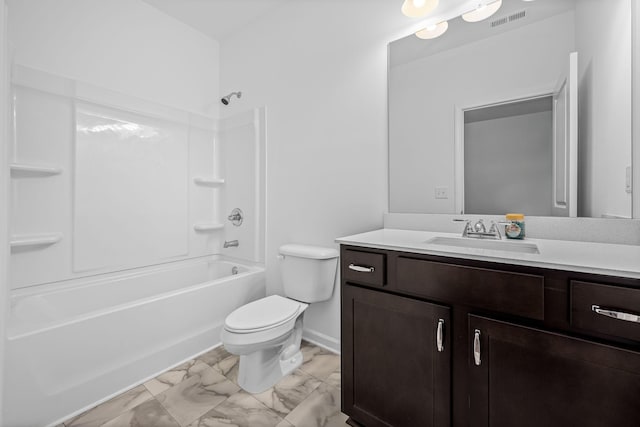 full bathroom with shower / tub combination, vanity, and toilet