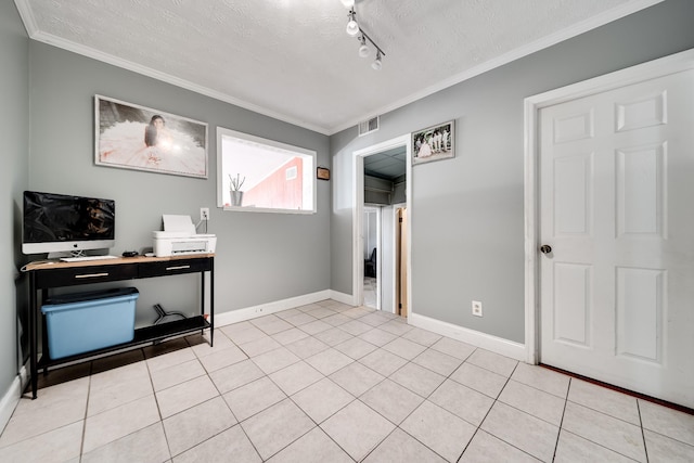 tiled office with ornamental molding, rail lighting, and a textured ceiling