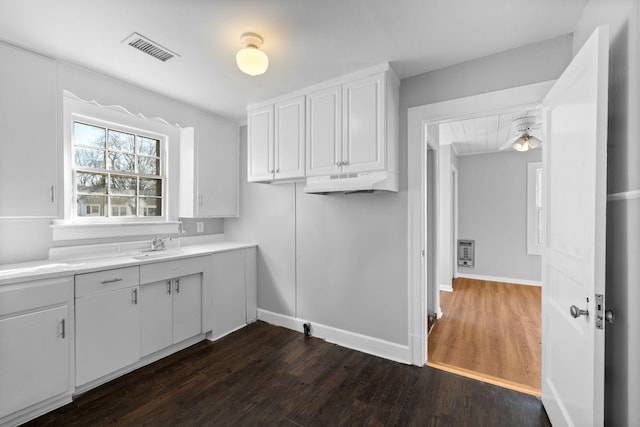 kitchen featuring heating unit, sink, dark hardwood / wood-style flooring, and white cabinets