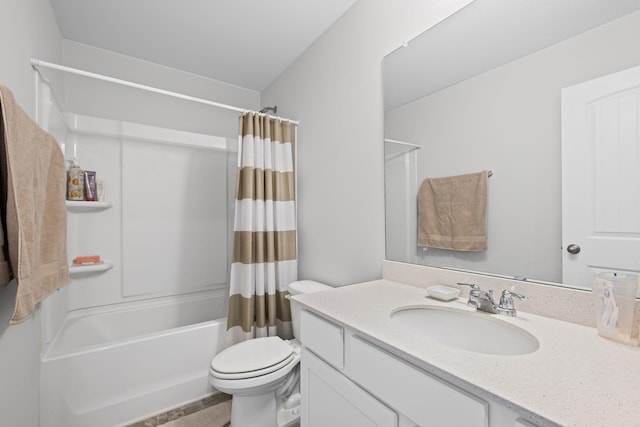 full bathroom featuring vanity, shower / tub combo with curtain, and toilet