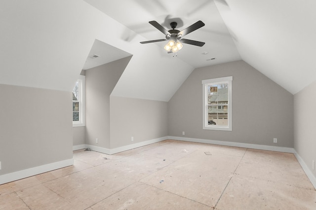 additional living space featuring lofted ceiling, ceiling fan, visible vents, and baseboards