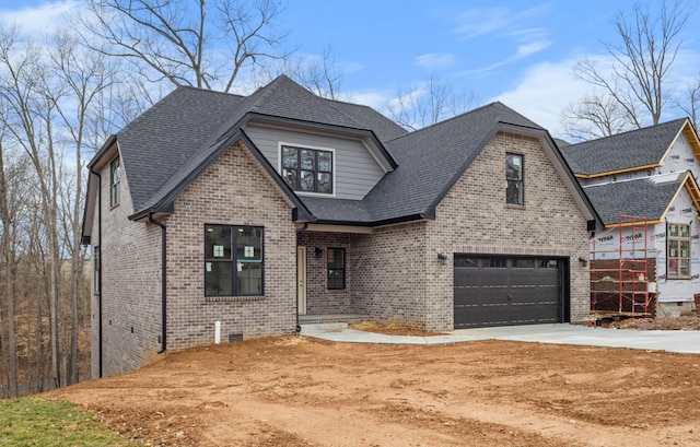 view of front of home with concrete driveway, brick siding, crawl space, and roof with shingles