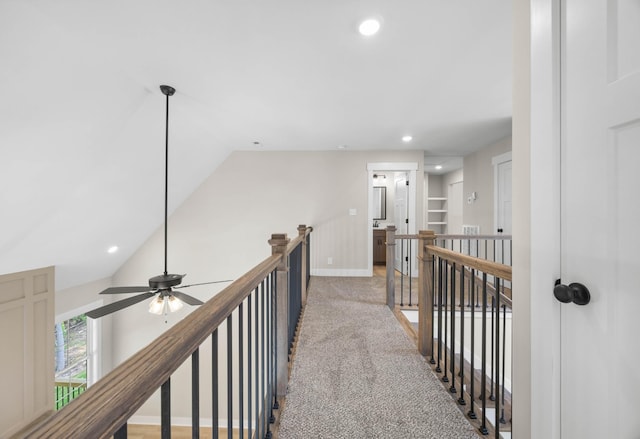 220 Birnam Wood Trce, Clarksville, TN 37043 - hall with an upstairs landing, recessed lighting, baseboards, light carpet, and vaulted ceiling