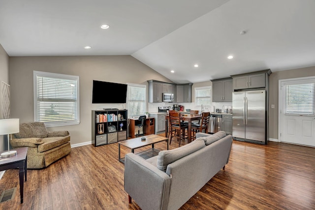 living room featuring wood-type flooring, a healthy amount of sunlight, and vaulted ceiling