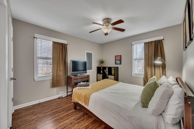 bedroom featuring ceiling fan and dark hardwood / wood-style floors