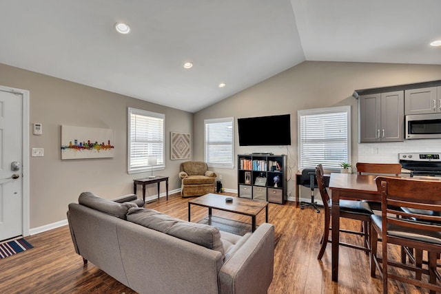 living room with lofted ceiling and dark hardwood / wood-style flooring