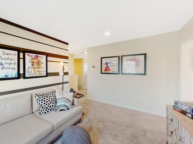 living room featuring light colored carpet