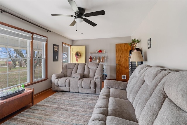 living room featuring ceiling fan and wood-type flooring