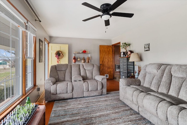 living room featuring ceiling fan and hardwood / wood-style floors