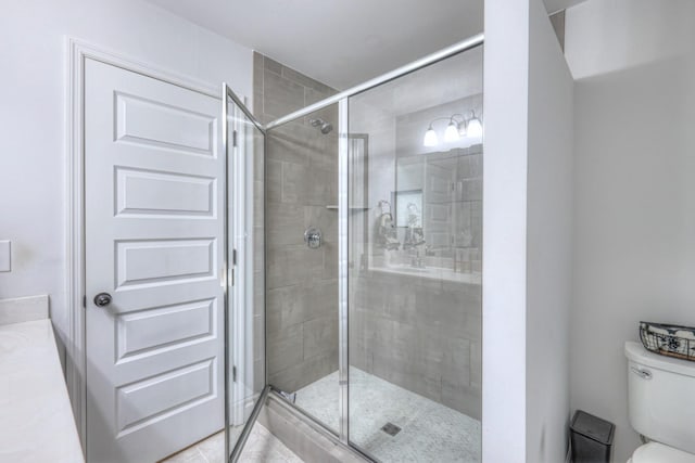 bathroom with vanity, toilet, and a shower with shower door