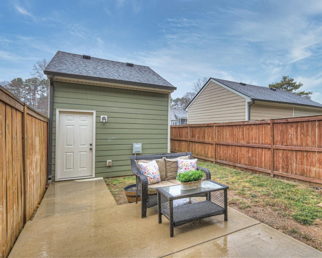 view of patio / terrace featuring an outdoor hangout area and a fenced backyard