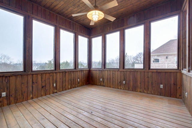 unfurnished sunroom with ceiling fan and wood ceiling