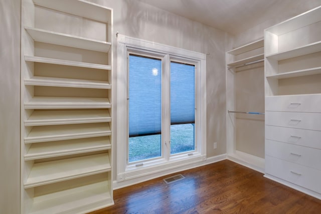 spacious closet with dark hardwood / wood-style floors