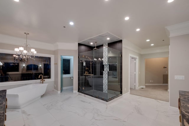 bathroom with a notable chandelier, ornamental molding, and independent shower and bath