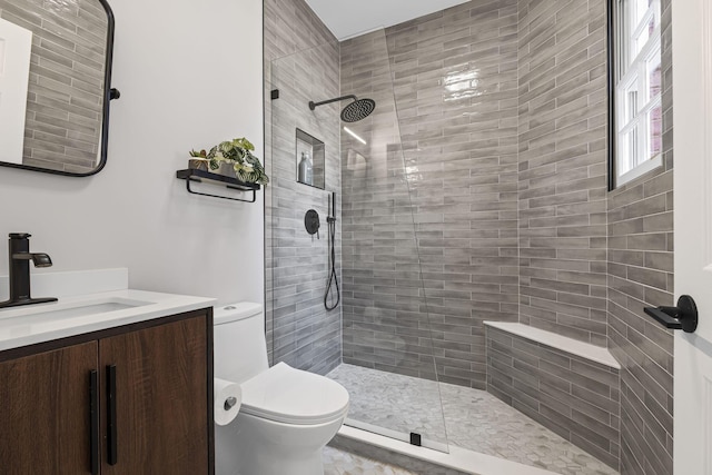 bathroom with vanity, toilet, and a tile shower