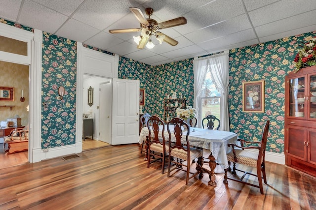 dining room with ceiling fan, a paneled ceiling, and wood-type flooring