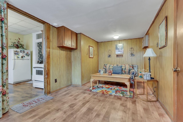 living area featuring wooden walls and light hardwood / wood-style floors