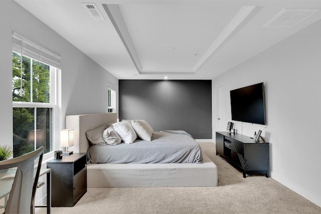 bedroom with light carpet and a tray ceiling