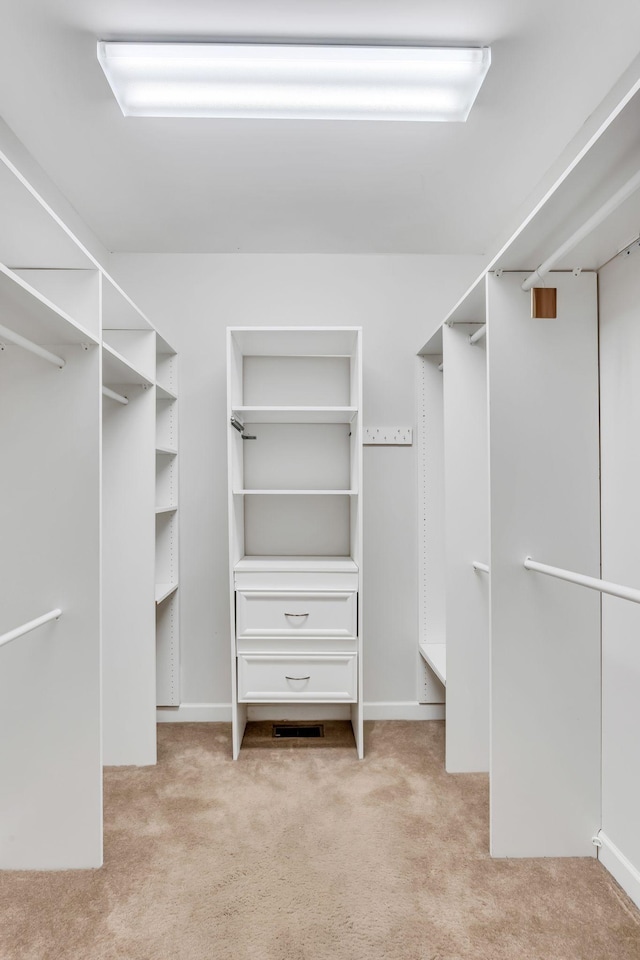 walk in closet with light carpet