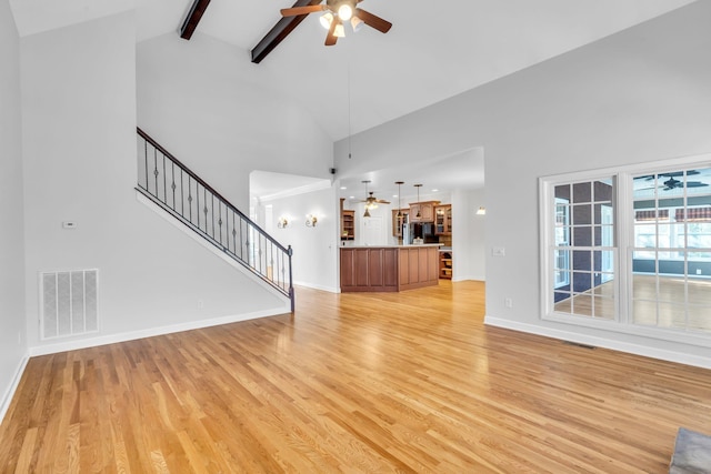 unfurnished living room featuring beam ceiling, high vaulted ceiling, ceiling fan, and light wood-type flooring