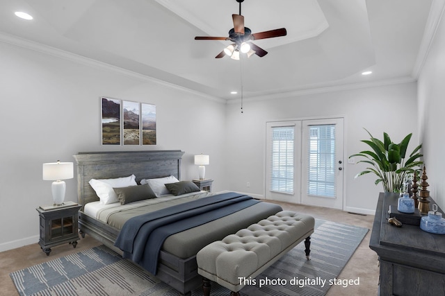 bedroom with ceiling fan, carpet, ornamental molding, access to outside, and a raised ceiling