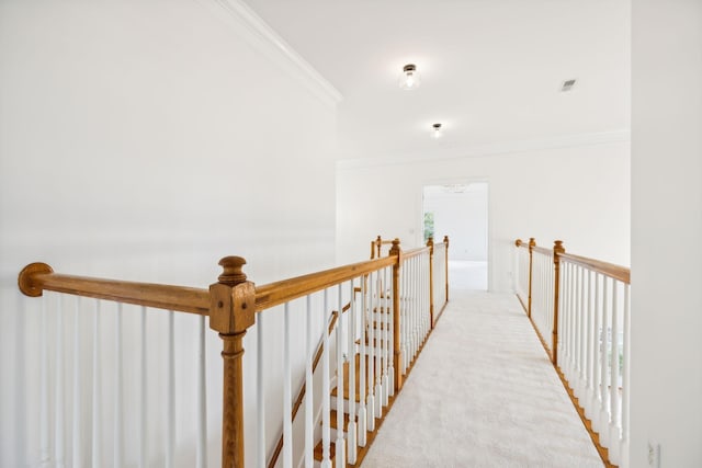 corridor featuring crown molding and light colored carpet