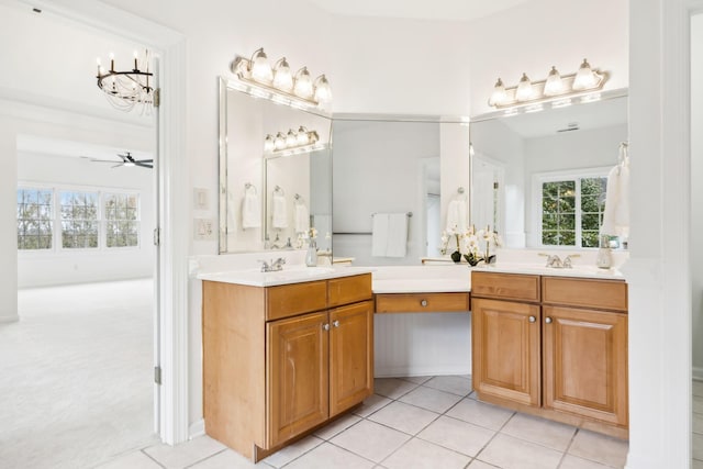 bathroom with vanity, tile patterned floors, and ceiling fan