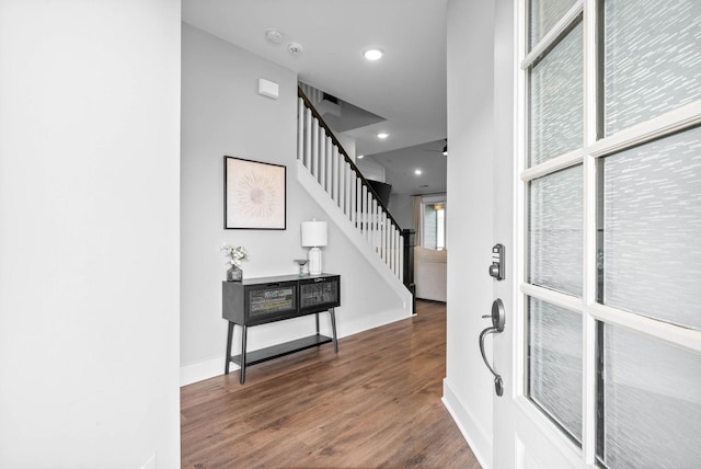 foyer entrance featuring dark hardwood / wood-style floors