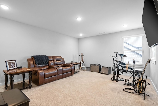 workout area with light colored carpet